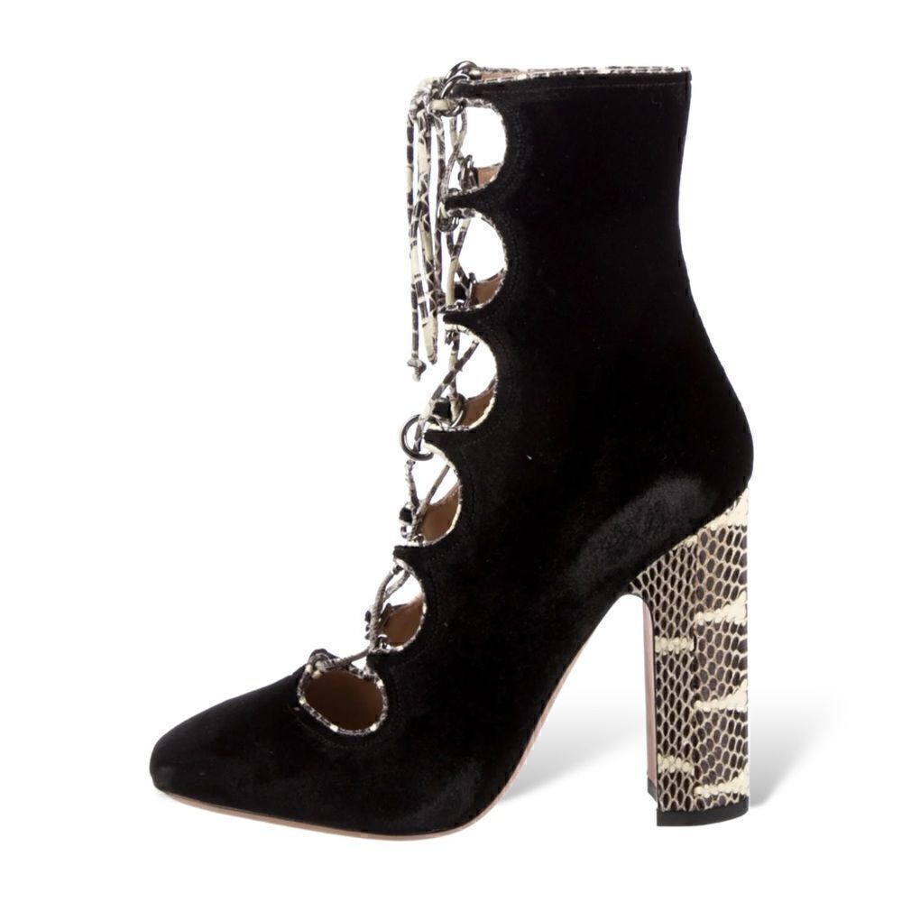 VALENTINO Black Velvet with Snake Skin Trim Lace up Ankle Booties